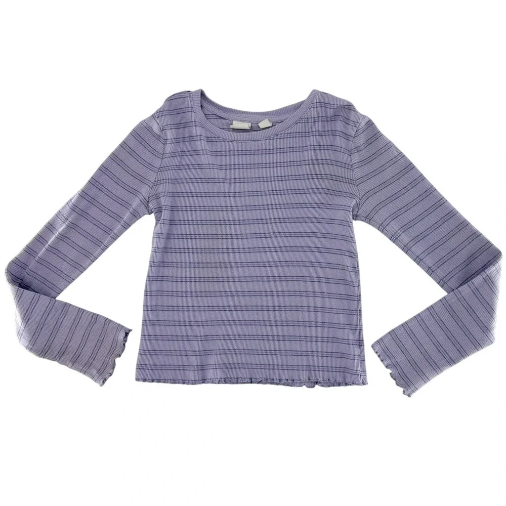 Gap Kids Lavender Purple Striped Ribbed Long Sleeve Lettuce Hem‎ Top Size M